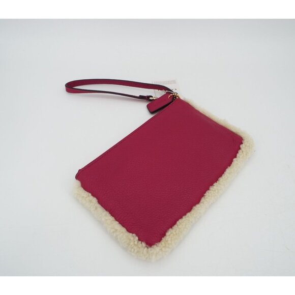 COACH Cranberry Pebbled Leather Natural Shearling Small Wristlet NWT - Picture 9 of 13